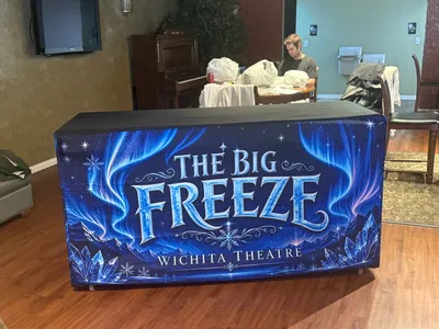 Custom Rectangle Table Covers - Lobby setup for Frozen live in stage