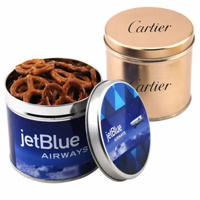Round Tin with Mini Pretzels - Custom Stickers Now