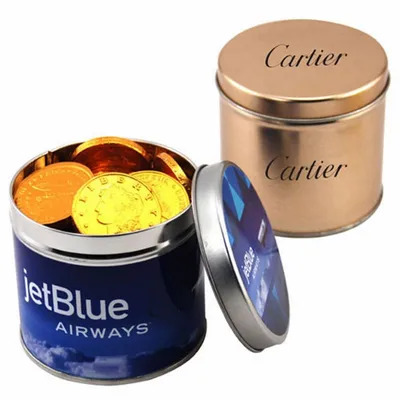 Round Tin with Chocolate Coins - Custom Stickers Now
