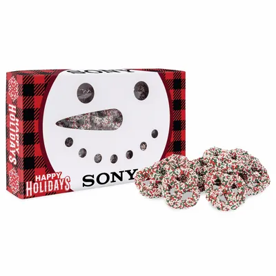 Snowman Die Cut Box with Milk Chocolate Christmas Mini Pretzels - Custom Stickers Now
