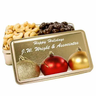 2-Share Tin - Salted Cashews/Dark Chocolate Almonds - Custom Stickers Now