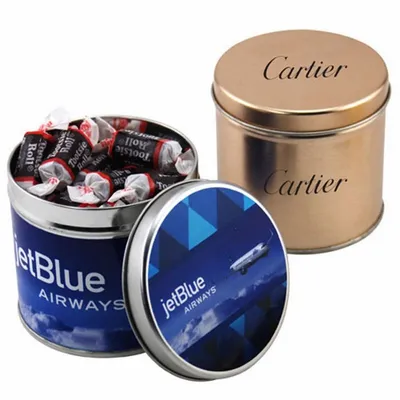Round Tin with Tootsie Rolls - Custom Stickers Now