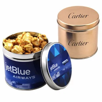 Round Tin with Caramel Popcorn - Custom Stickers Now