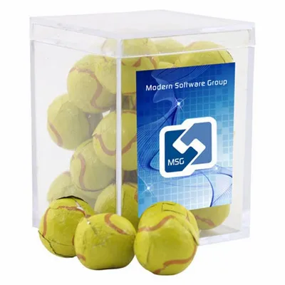 Acrylic Box with Chocolate Tennis Balls - Small - Custom Stickers Now
