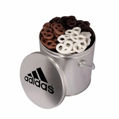 One Gallon Tin with Choc Mini Pretzels - Custom Stickers Now