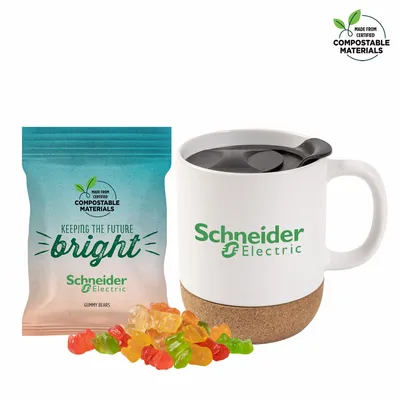 Cork Bottom Mug with Compostable bag of Gummy Bears - Custom Stickers Now