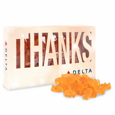 Thanks Die Cut Box with Champagne Gummy Bears - Custom Stickers Now