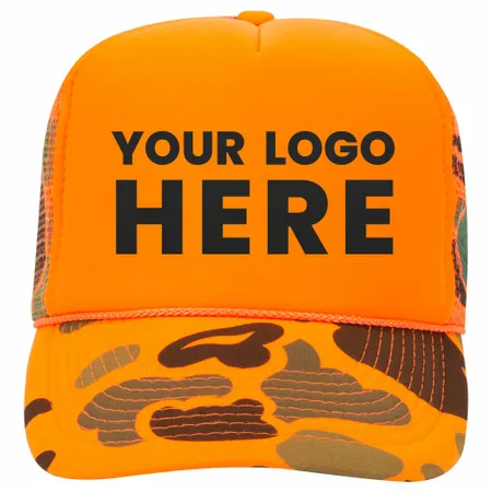 Otto 49-131 5-Panel High Crown Foam Trucker Hat - Neon Camo - Custom Stickers Now