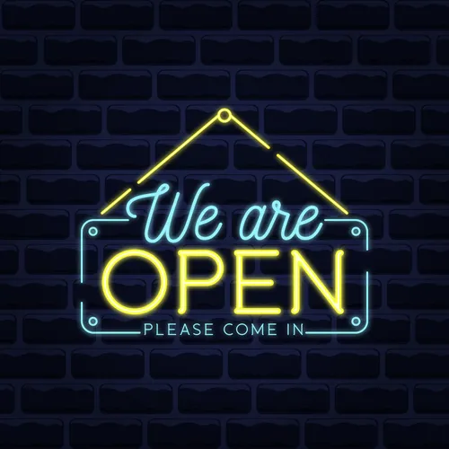 We Are Open Blue and Yellow Neon Sign - Custom Stickers Now