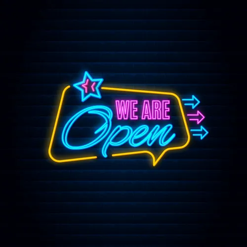 We are Open This Way Neon Sign - Custom Stickers Now