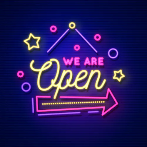 We Are Open Hanging Neon Sign - Custom Stickers Now