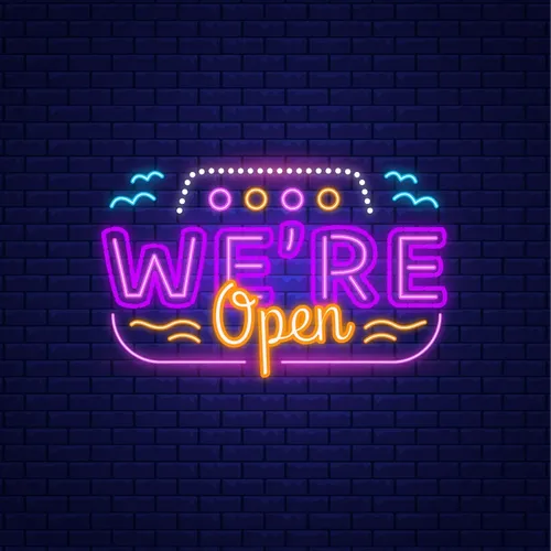 We're Open with Wave Lines Neon Sign - Custom Stickers Now