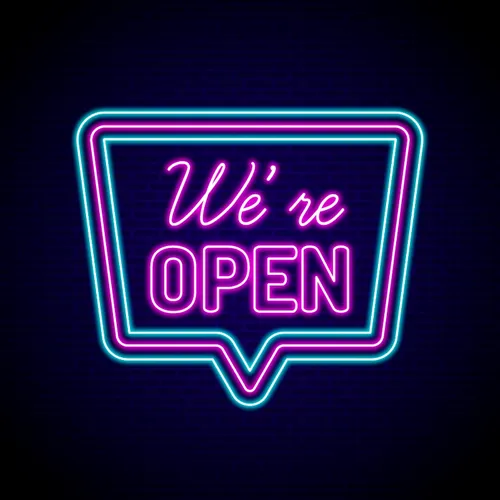 We're Open Neon Sign - Custom Stickers Now