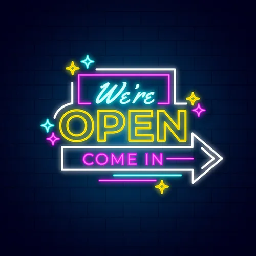 We're Open Come In Neon Sign - Custom Stickers Now