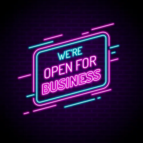 Open For Business Neon Sign - Custom Stickers Now
