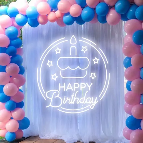 Happy Birthday Cake in Circle Neon Sign - Custom Stickers Now