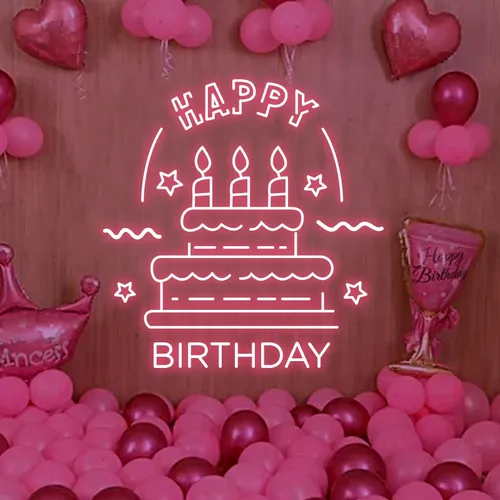 Big Happy Birthday Text with Cake Neon Sign - Custom Stickers Now