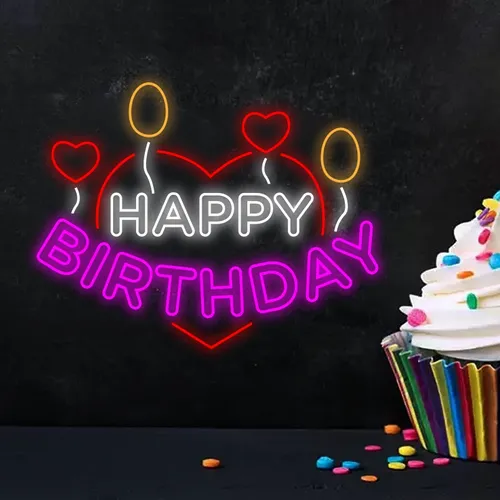 Happy Birthday Heart and Balloon Neon Sign - Custom Stickers Now