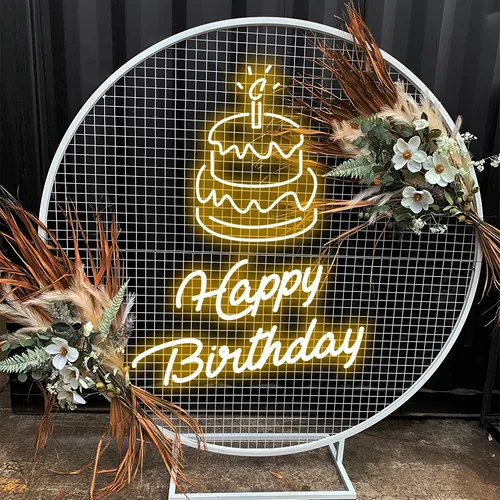 Happy Birthday with Cake on Top Neon Sign - Custom Stickers Now
