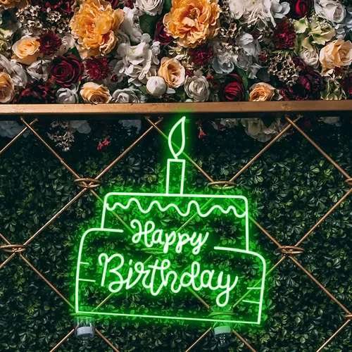 Happy Birthday Text in Big Cake Neon Sign - Custom Stickers Now