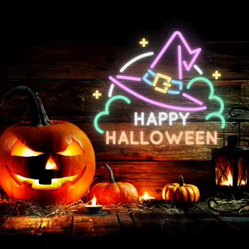 Happy Halloween Hat Neon Sign - Custom Stickers Now