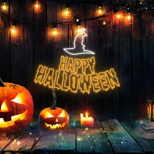 Happy Halloween Witch Hat Neon Signs - Custom Stickers Now