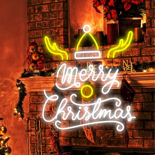 Merry Christmas Deer Horn with Hat Neon Sign - Custom Stickers Now