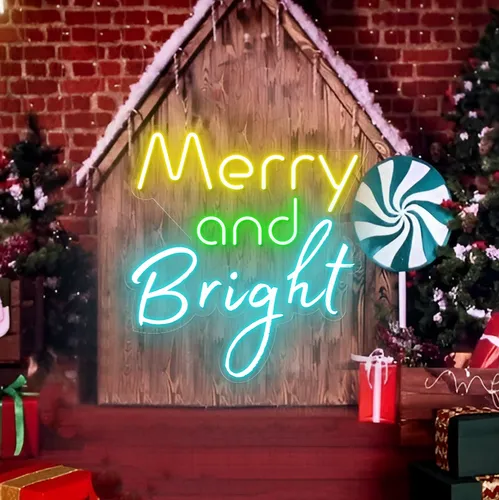 Merry & Bright Neon Sign - Custom Stickers Now