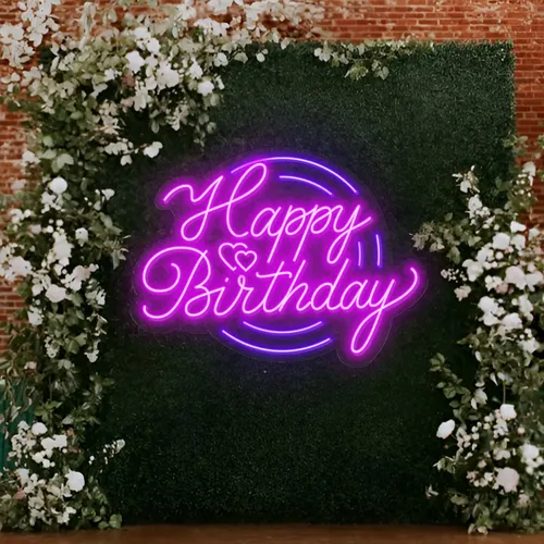 Happy Birthday Purplish Neon Sign - Custom Stickers Now