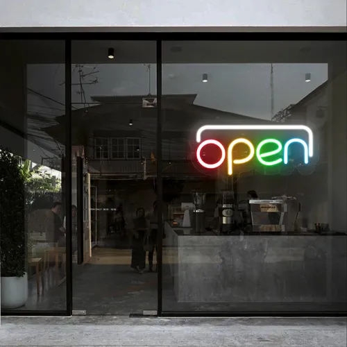 Open Multicolor Neon Sign - Custom Stickers Now