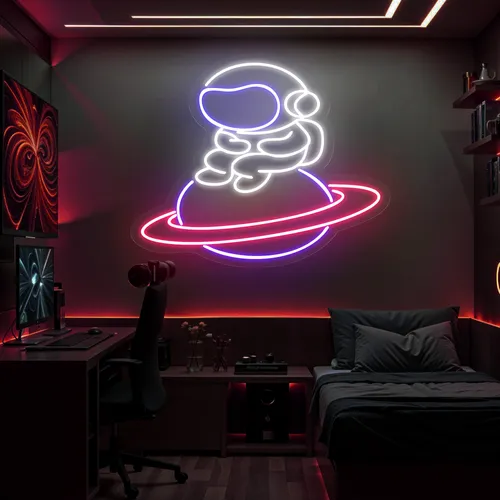 Astronaut In Saturn Neon Sign - Custom Stickers Now