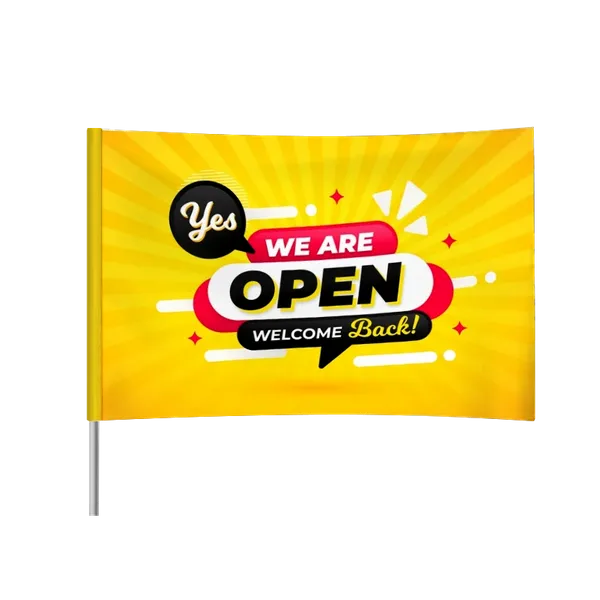 A vibrant trade show display banner with the message 'Yes WE ARE OPEN Welcome Back!' on a yellow, sunray background to attract attention and welcome visitors.