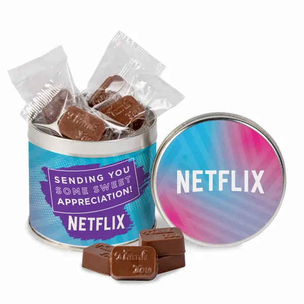 Round Tin with Molded Chocolates - Custom Stickers Now