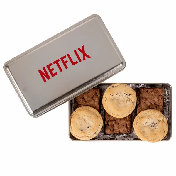 Fresh Beginnings Fudge Brownies & Chocolate Chip Cookies in Tin - Custom Stickers Now