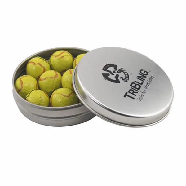 Round Tin with Chocolate Tennis Balls - SBF2900 - Custom Stickers Now