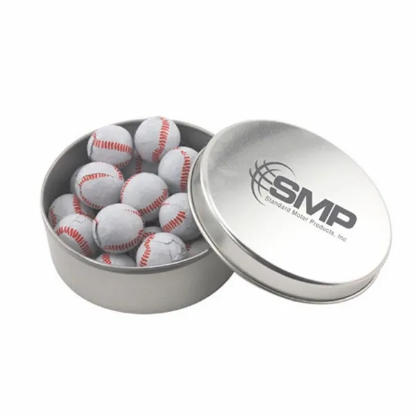 Round Tin with Chocolate Baseballs - SBF3000 - Custom Stickers Now