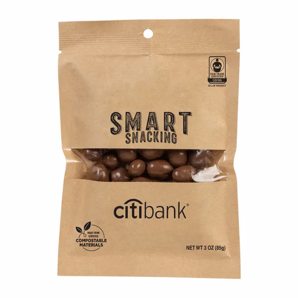 FairTrade Milk Chocolate Raisins in Compostable Kraft Pouch - Custom Stickers Now