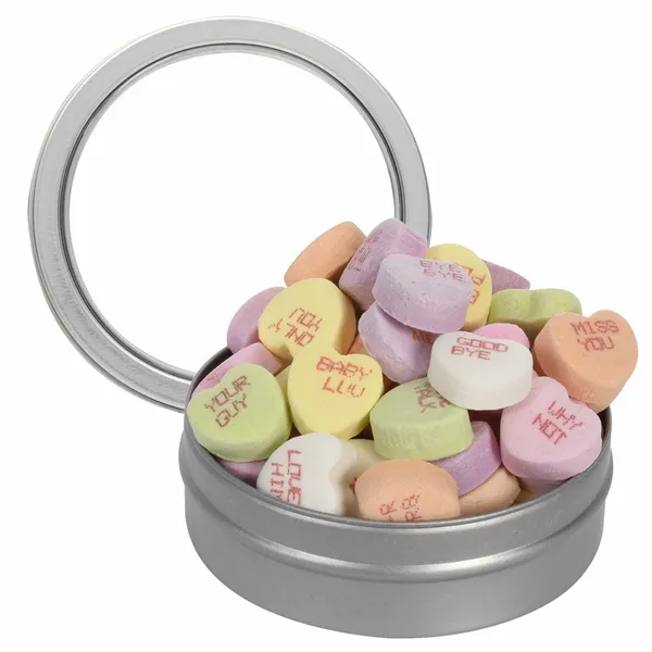 Short Round Tin with Conversation Hearts - Custom Stickers Now