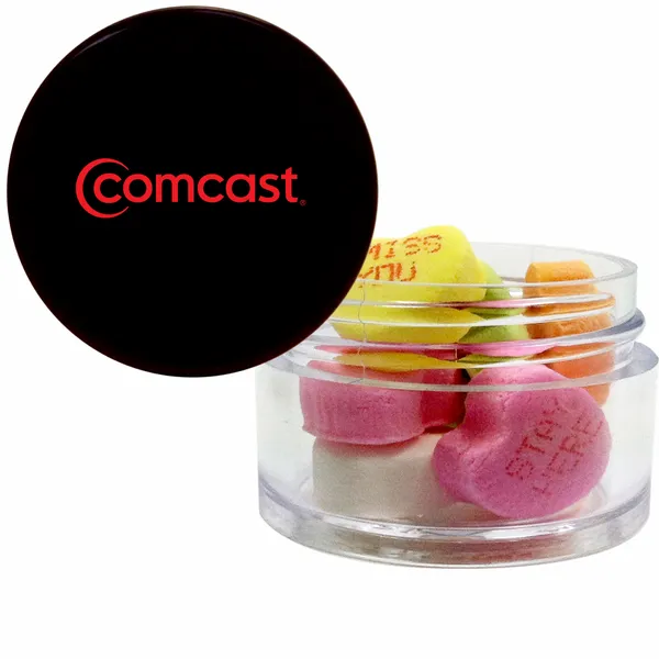 Twist top container filled with Conversation Hearts - Custom Stickers Now