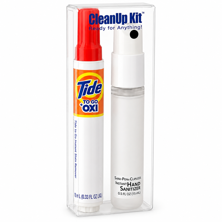 CleanUp Kit - Tide® to Go + Oxi and Sani-Pen® Clipless™ Travel Kits - Custom Stickers Now